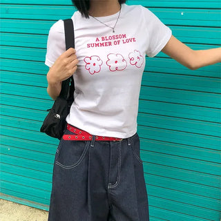 Color Block Flower Print Semi-Crop Short Sleeve T-shirt