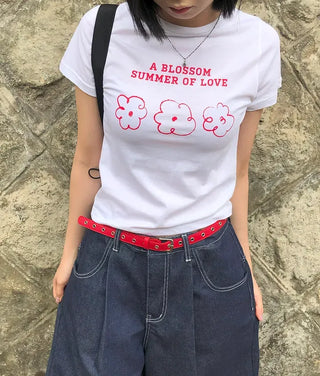 Color Block Flower Print Semi-Crop Short Sleeve T-shirt