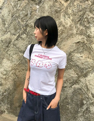 Color Block Flower Print Semi-Crop Short Sleeve T-shirt