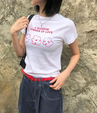 Color Block Flower Print Semi-Crop Short Sleeve T-shirt