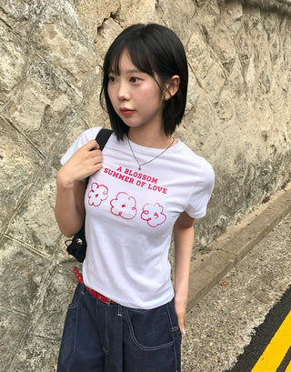 Color Block Flower Print Semi-Crop Short Sleeve T-shirt