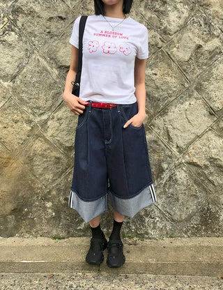Color Block Flower Print Semi-Crop Short Sleeve T-shirt