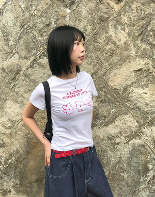 Color Block Flower Print Semi-Crop Short Sleeve T-shirt