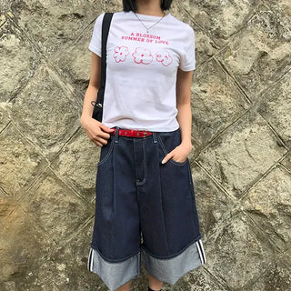 Color Block Flower Print Semi-Crop Short Sleeve T-shirt