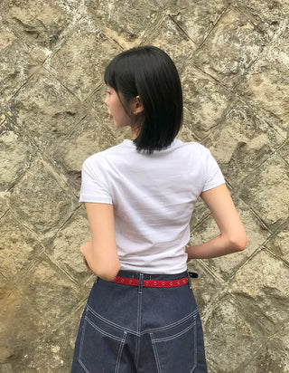 Color Block Flower Print Semi-Crop Short Sleeve T-shirt
