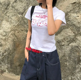 Color Block Flower Print Semi-Crop Short Sleeve T-shirt