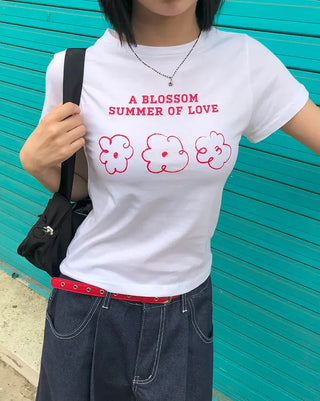 Color Block Flower Print Semi-Crop Short Sleeve T-shirt