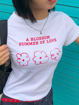 Color Block Flower Print Semi-Crop Short Sleeve T-shirt