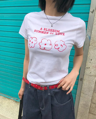 Color Block Flower Print Semi-Crop Short Sleeve T-shirt