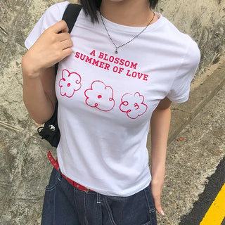 Color Block Flower Print Semi-Crop Short Sleeve T-shirt