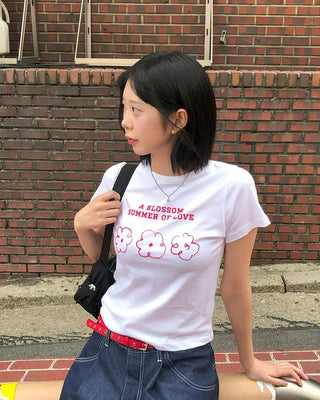 Color Block Flower Print Semi-Crop Short Sleeve T-shirt