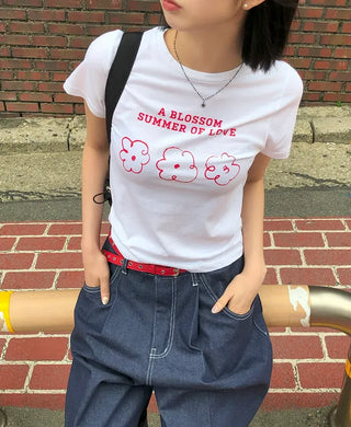 Color Block Flower Print Semi-Crop Short Sleeve T-shirt