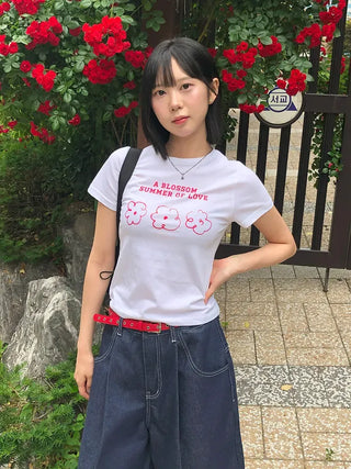 Color Block Flower Print Semi-Crop Short Sleeve T-shirt