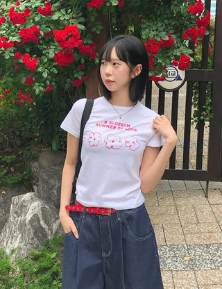 Color Block Flower Print Semi-Crop Short Sleeve T-shirt