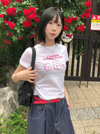 Color Block Flower Print Semi-Crop Short Sleeve T-shirt