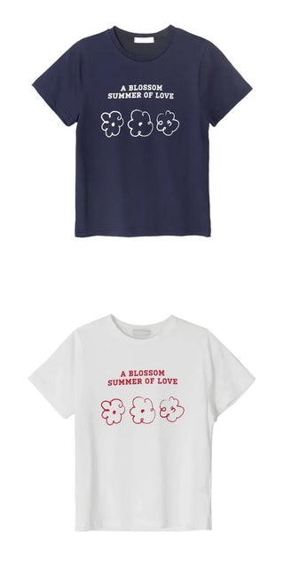 Color Block Flower Print Semi-Crop Short Sleeve T-shirt