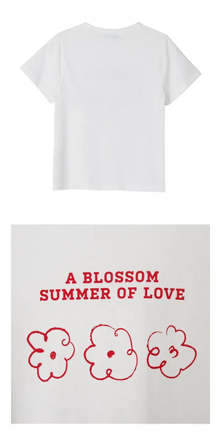 Color Block Flower Print Semi-Crop Short Sleeve T-shirt