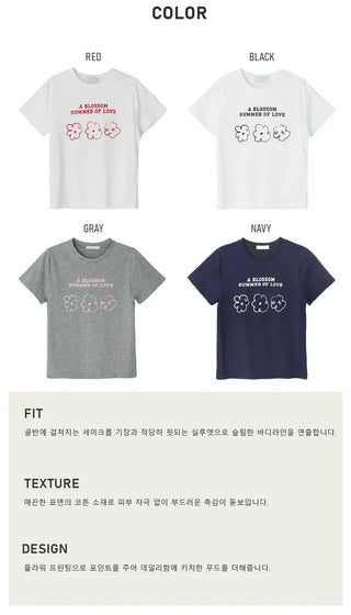 Color Block Flower Print Semi-Crop Short Sleeve T-shirt