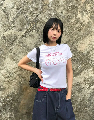 Color Block Flower Print Semi-Crop Short Sleeve T-shirt