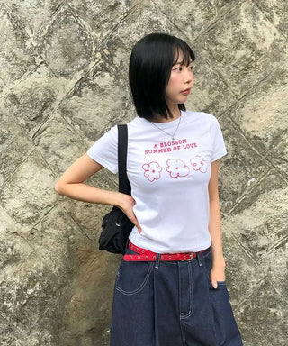 Color Block Flower Print Semi-Crop Short Sleeve T-shirt