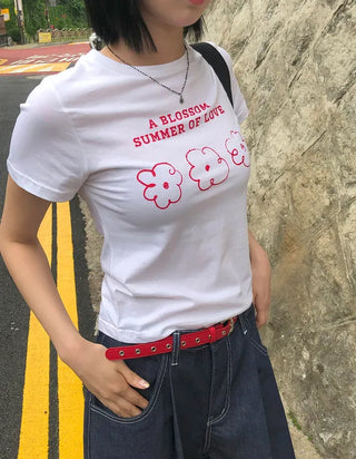 Color Block Flower Print Semi-Crop Short Sleeve T-shirt