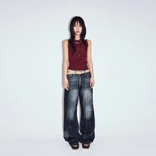 Deep blue washed wide jeans