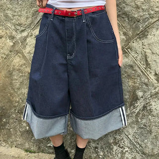 Non-Faded Raw Denim Pintuck Bermuda Pants