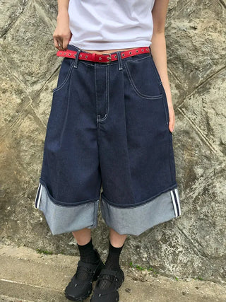 Non-Faded Raw Denim Pintuck Bermuda Pants
