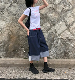 Non-Faded Raw Denim Pintuck Bermuda Pants