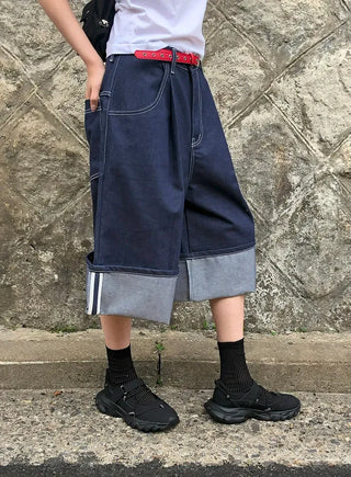 Non-Faded Raw Denim Pintuck Bermuda Pants