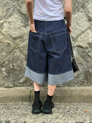 Non-Faded Raw Denim Pintuck Bermuda Pants