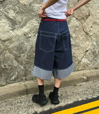 Non-Faded Raw Denim Pintuck Bermuda Pants