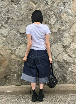 Non-Faded Raw Denim Pintuck Bermuda Pants
