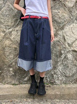 Non-Faded Raw Denim Pintuck Bermuda Pants