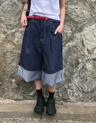 Non-Faded Raw Denim Pintuck Bermuda Pants
