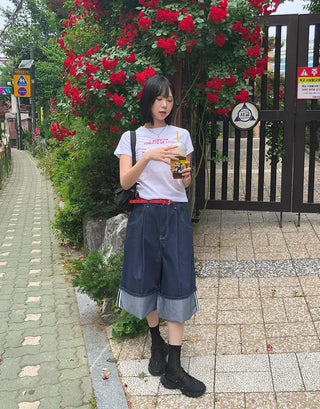 Non-Faded Raw Denim Pintuck Bermuda Pants