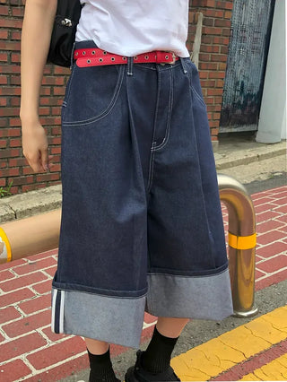 Non-Faded Raw Denim Pintuck Bermuda Pants