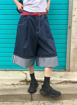 Non-Faded Raw Denim Pintuck Bermuda Pants