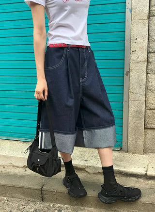 Non-Faded Raw Denim Pintuck Bermuda Pants