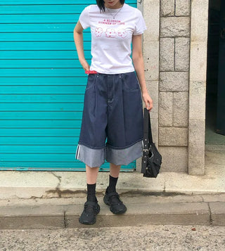 Non-Faded Raw Denim Pintuck Bermuda Pants