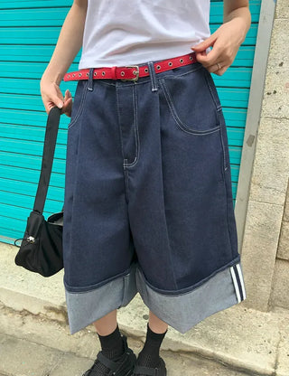 Non-Faded Raw Denim Pintuck Bermuda Pants