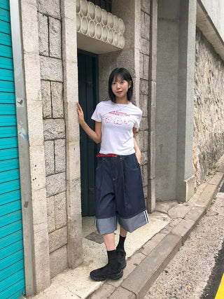 Non-Faded Raw Denim Pintuck Bermuda Pants