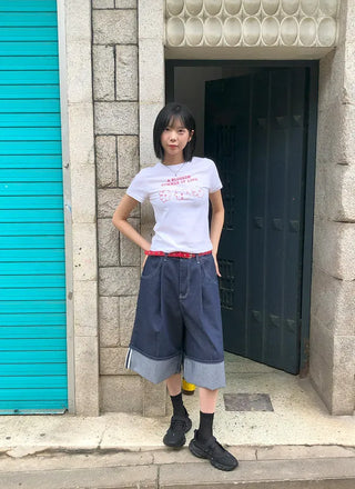 Non-Faded Raw Denim Pintuck Bermuda Pants