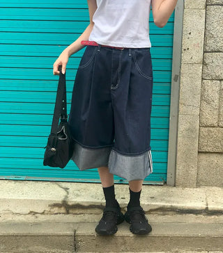 Non-Faded Raw Denim Pintuck Bermuda Pants