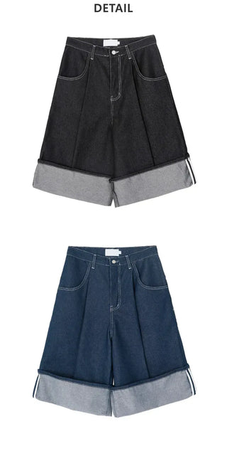 Non-Faded Raw Denim Pintuck Bermuda Pants