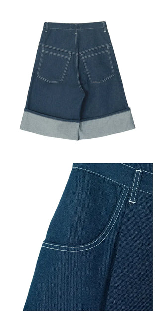 Non-Faded Raw Denim Pintuck Bermuda Pants