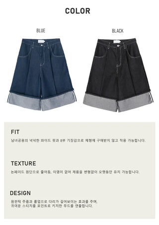 Non-Faded Raw Denim Pintuck Bermuda Pants