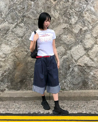 Non-Faded Raw Denim Pintuck Bermuda Pants