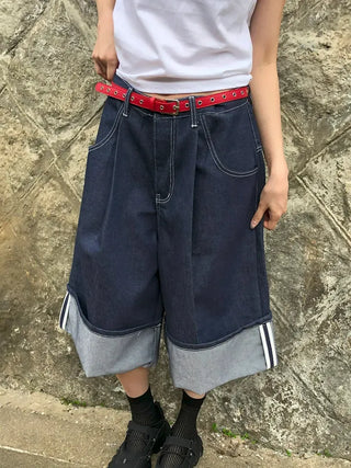Non-Faded Raw Denim Pintuck Bermuda Pants