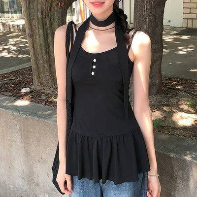 Star Button Frill Sleeveless Layered Dress
